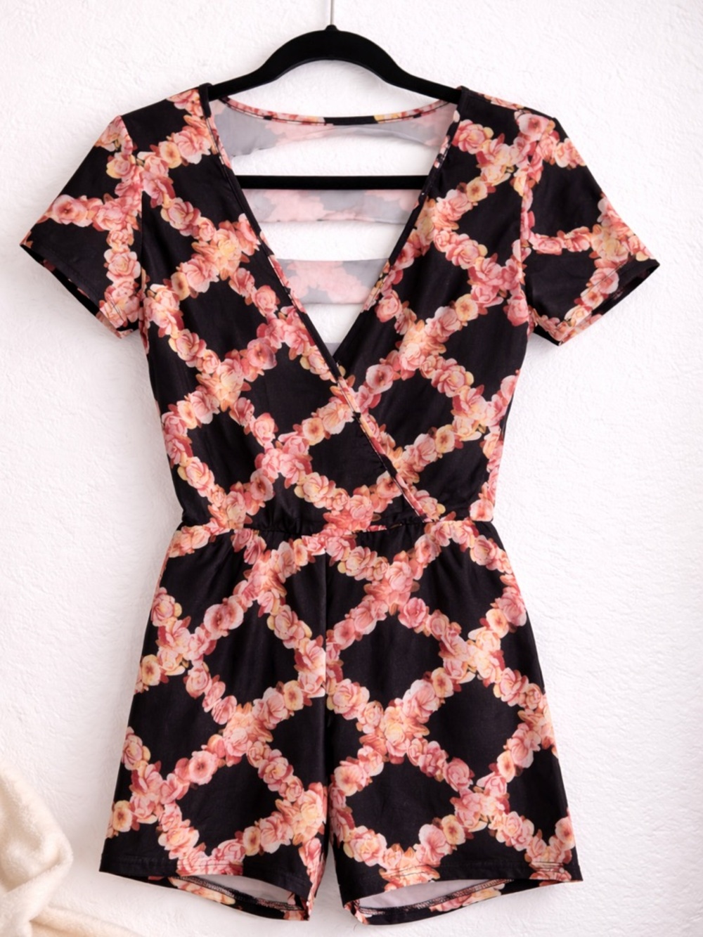 Floral Black Short Sleeve V-Neck Romper